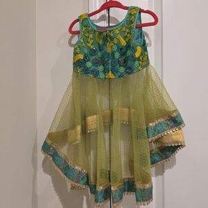 Floral Embroidered Kids Costume Dress - Green and Gold